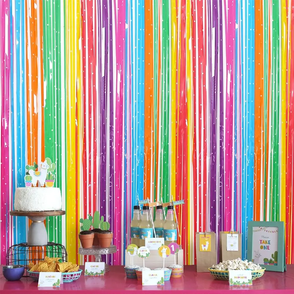 1X2,5 m kolorowa folia z frędzlami kurtyna tło dla meksykańskiej Fiesta Party Photo Booth tło tęczowe urodziny motyw dekoracji imprezowych