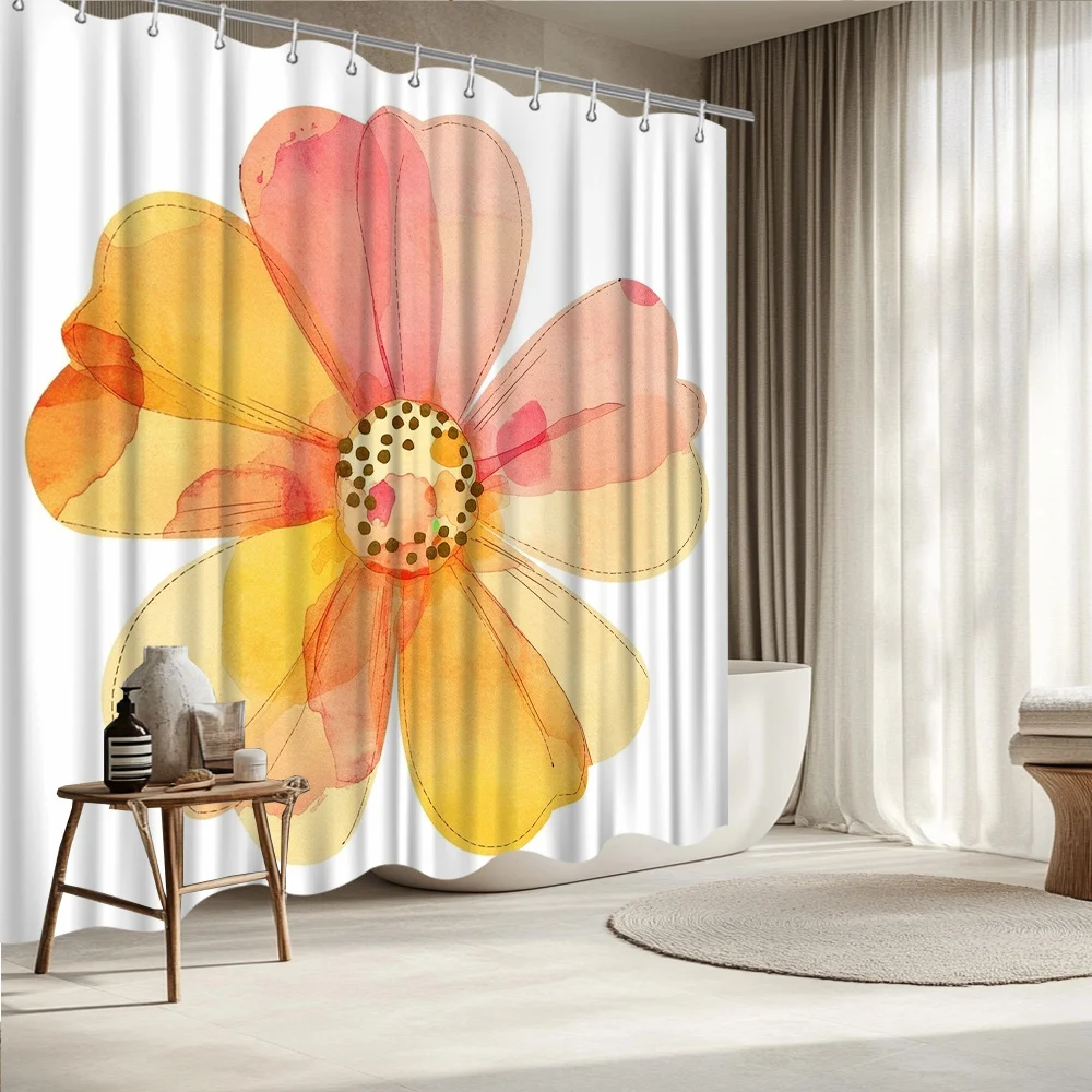 

Watercolor Flower Shower Curtain – Peach to Lemon Yellow Gradient with Stitch Outline Print, Fade-Resistant Polyester, 12 Hooks