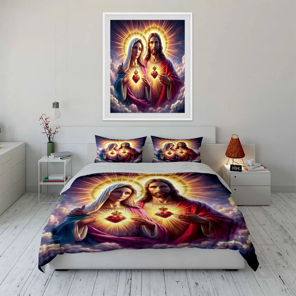 Sacred Hearts of Mary and Jesus Pattern Duvet Cover Set Digital Print Colorful Polyester Bedding with Zipper Closur for gifts