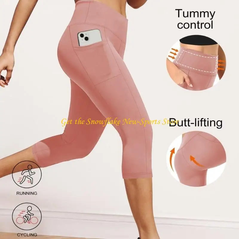 E56D Women Cropped Trousers with Pocket High Waist Belly Control Gym Workout Leggings