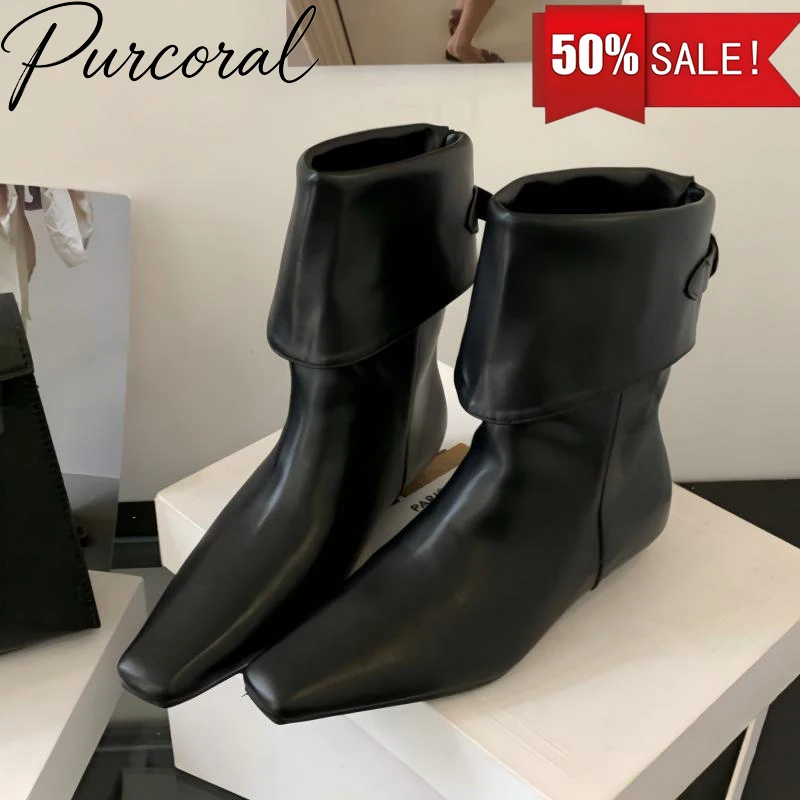 Purcoral 2026 Fashion Cosy Soft Leather Belt Buckle Ankle Boots Women Short Booties High Quality Square Low Heels Casual Shoes