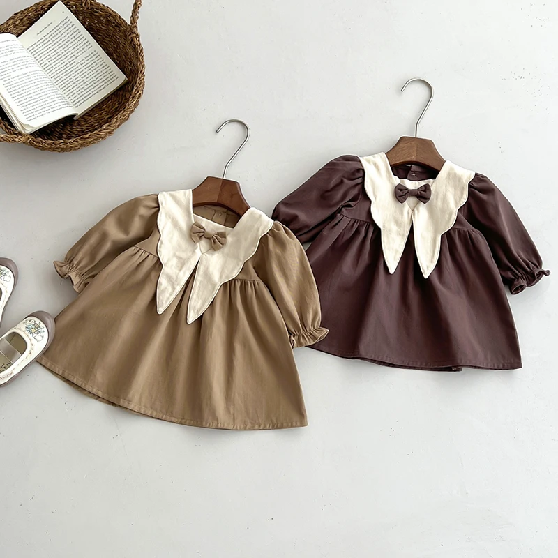 Autunno primavera 0-4Yrs Baby Girl Party Dress a maniche lunghe in cotone Splicing bambini abiti da principessa abbigliamento in stile americano