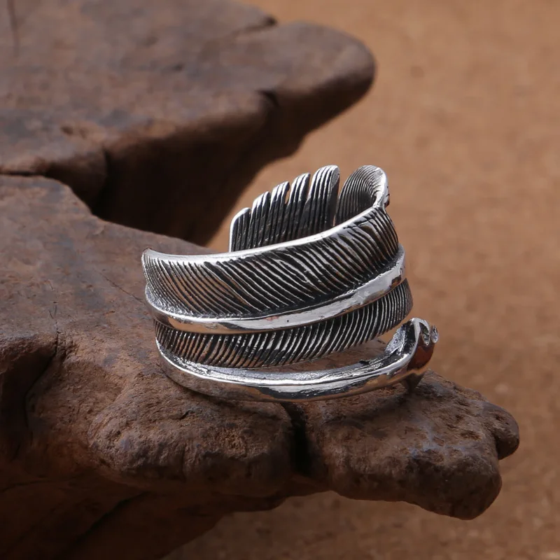 Wholesale S925 sterling silver retro Eagle series Thai silver light simple silver feather men's and women's personalized ring view 5