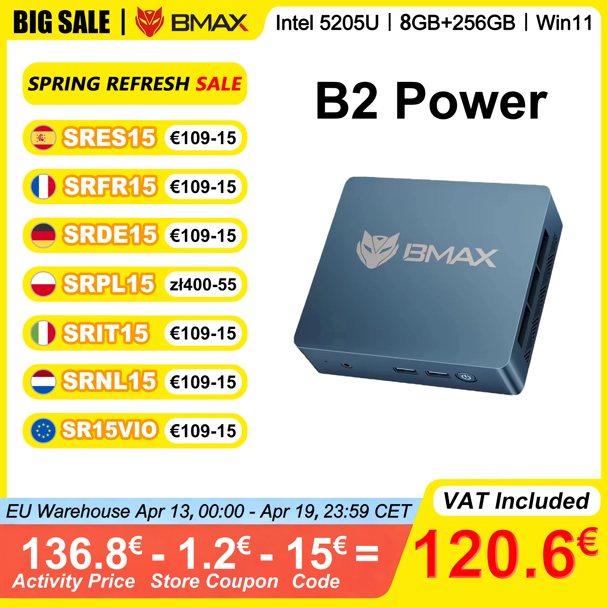 BMAX B2 Power Mini-PC 8 GB RAM 256 GB SSD Intel 5205U Windows 11 Pro Dual-Band-WLAN USBx4 HDMIx1 Bluetooth 5.0