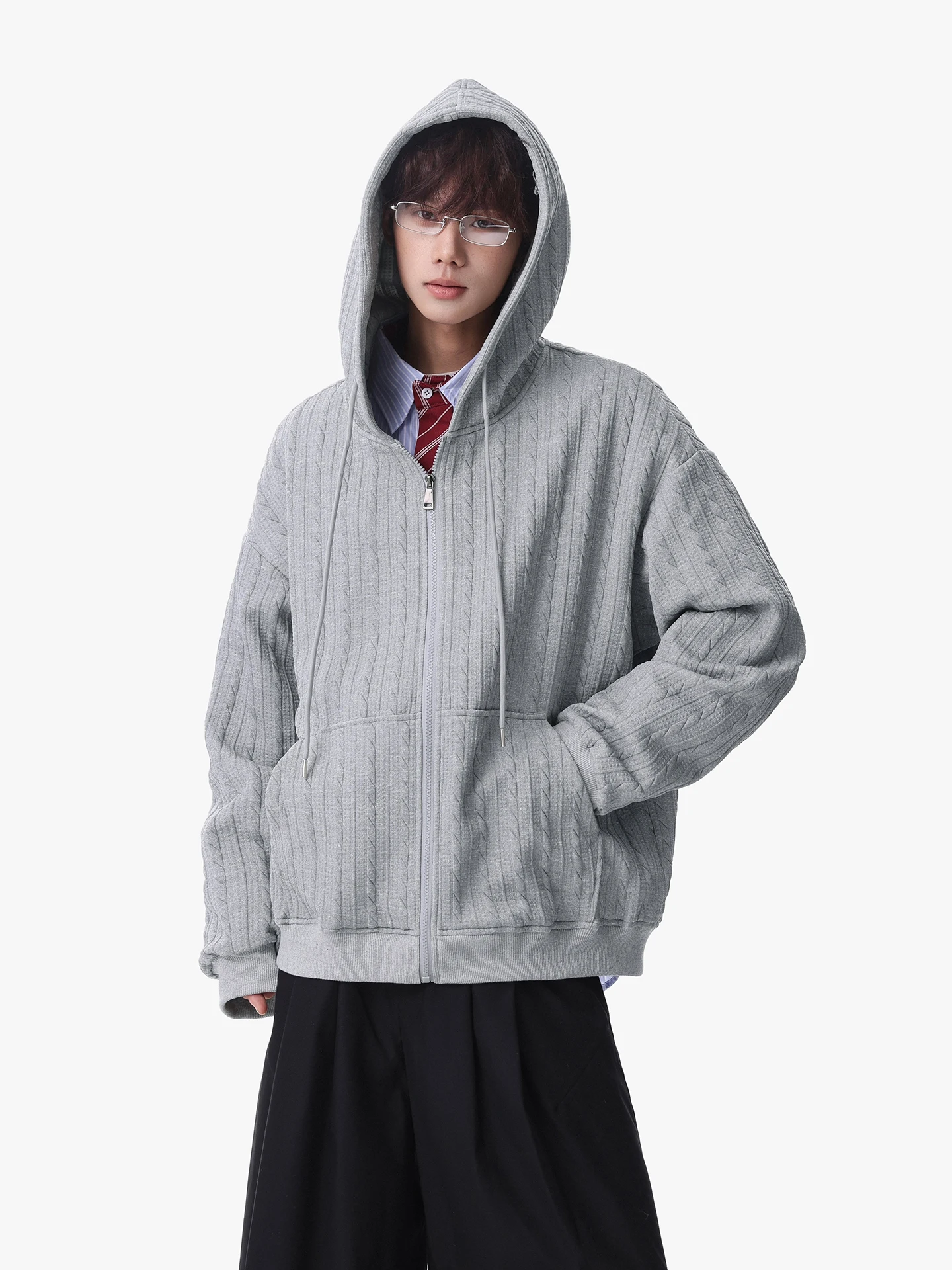 

Кардиган-худи BOYUE в стиле ретро с текстурой, повседневный, модный, больших размеров, из смесового полиэстера и спандекса, для весны, осени и зимы