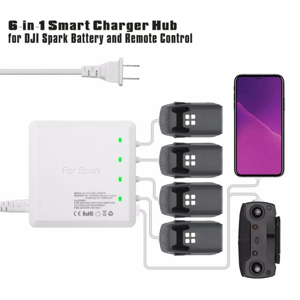 Fast Charger 6-in-1 Smart Charging Hub with 2 USB Ports for DJI Spark Drone Battery and Remote Controller