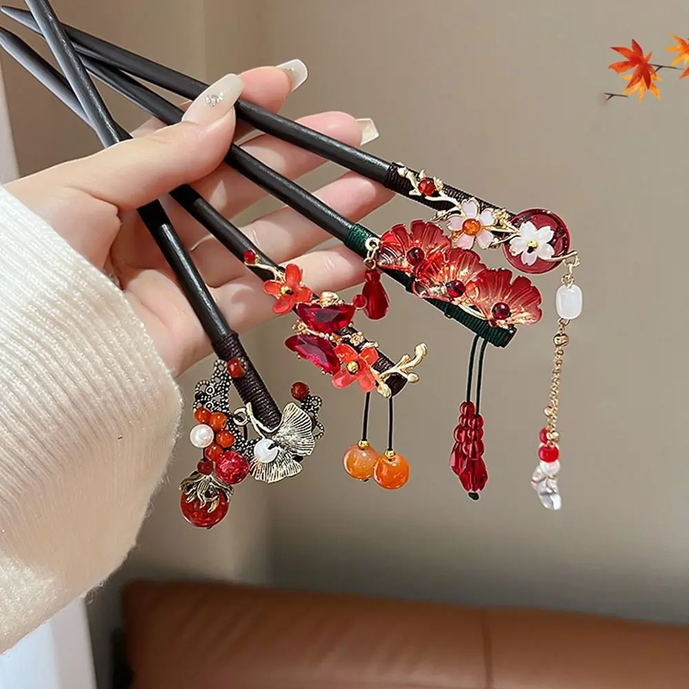 

Classical Flower Wooden Hair Stick Tassel New Year Hanfu Hairpin Chinese Style Hair Fork Hanfu Accessories