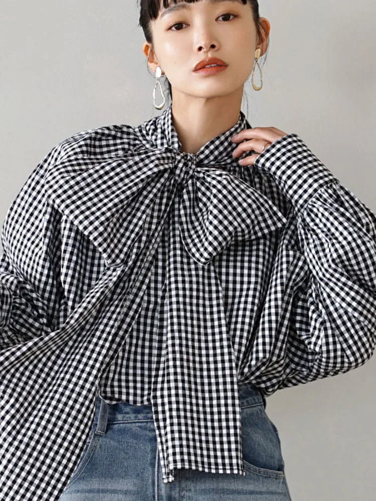 

Spring autumn new loose sweet plaid large bow tie front and back wearing long sleeved shirt for women 2024 New