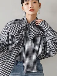 Spring autumn new loose sweet plaid large bow tie front and back wearing long sleeved shirt for women 2024 New