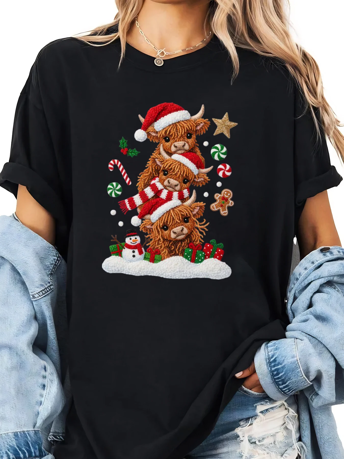 하이랜드 소 크리스마스 트리 프린트 홀리데이 티셔츠 여성 캐주얼 겨울 파티 블랙 플러스 사이즈