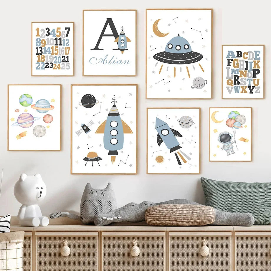 

Custom Name Rocket Astronaut Alphabet Space Wall Art Canvas Personalized Kids Boys Room Decor Poster Prints Number Artwork