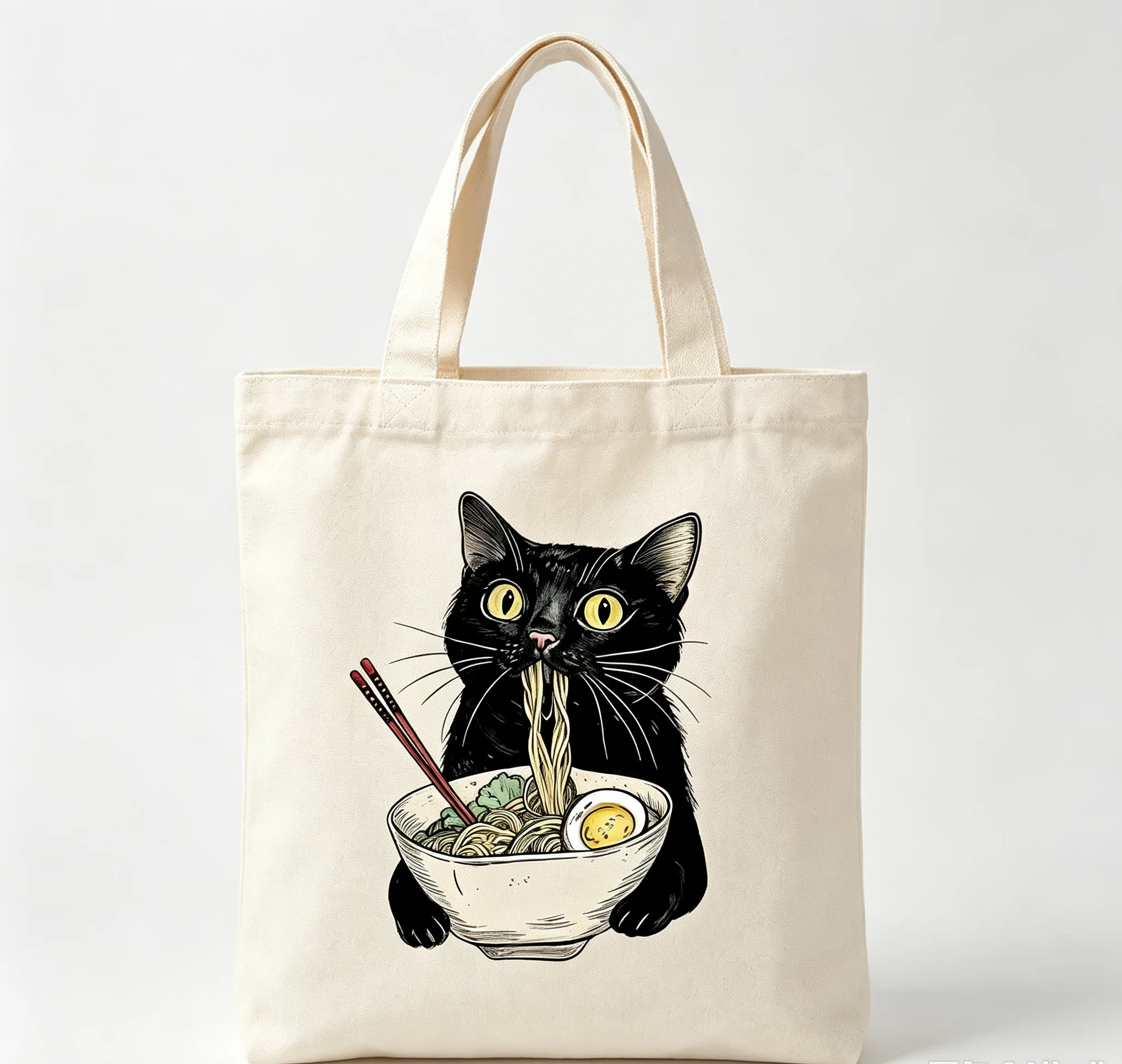 Black Cat Eating Ramen Print Canvas Tote Bag, Cute Noodle Cat Shoulder Shopping Bag, Aesthetic Cartoon Reusable Handbag Gift view 2