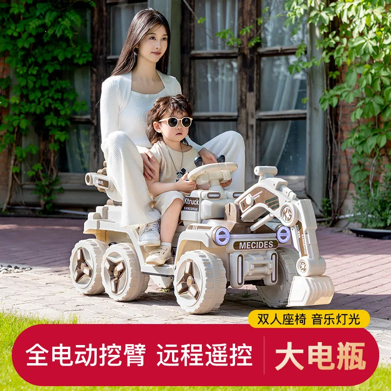 Children\'s Electric Excavator Two Riders Rechargeable Four-wheel Drive Vehicle Remote Control Engineering Vehicle