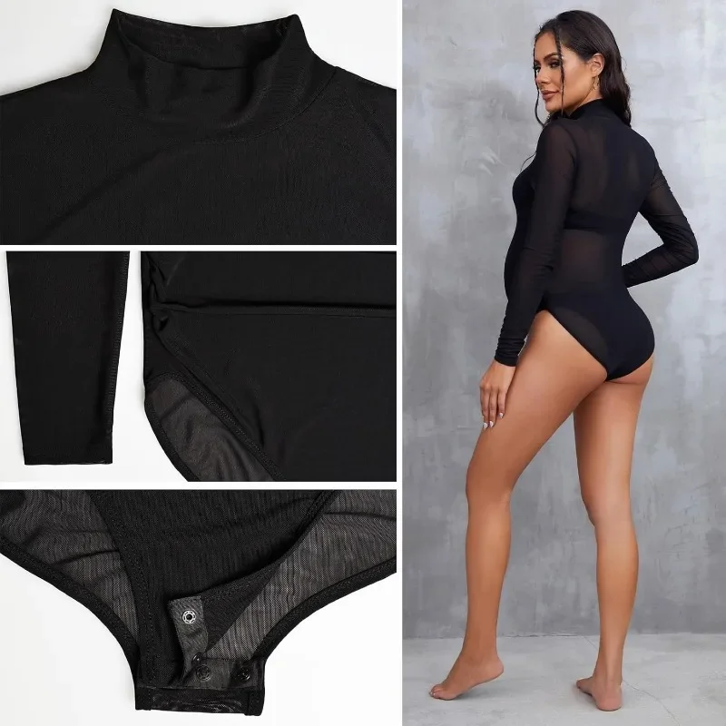 Body per servizio fotografico premaman Lingerie nera elastica per immagini di gravidanza, baby shower con orsacchiotto a maniche lunghe con collo a lupetto trasparente