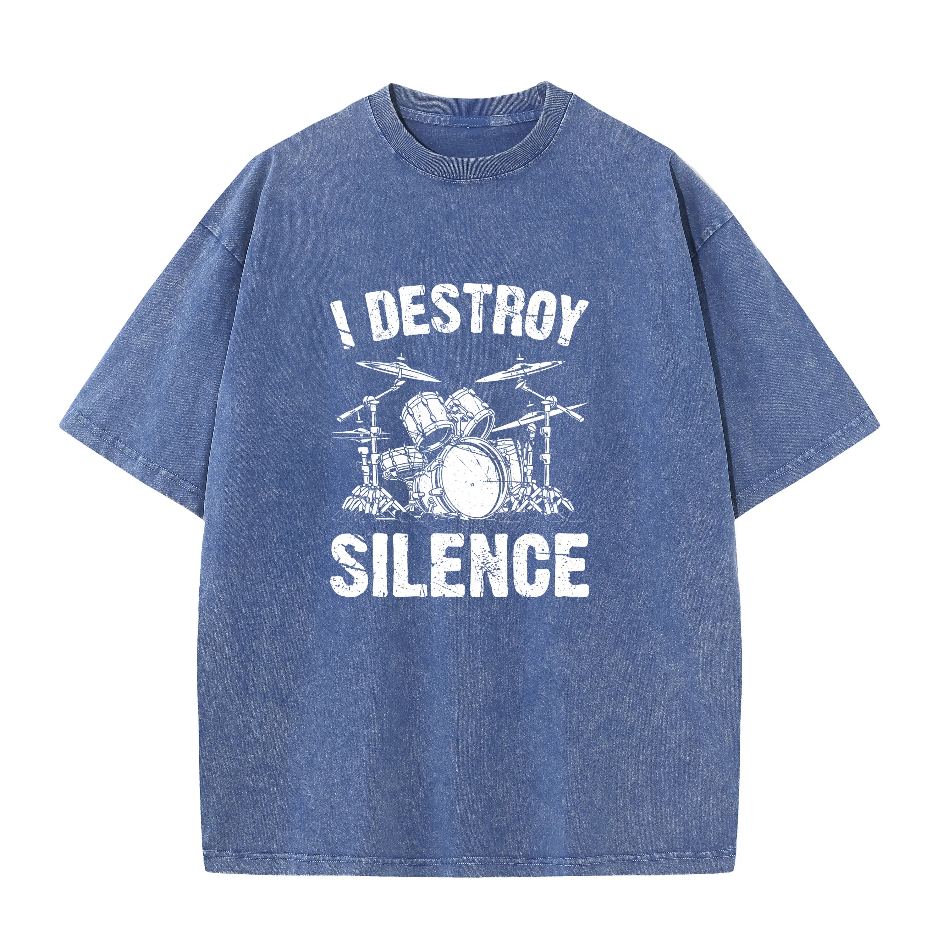 I Destroy Silence Drumming Vintage Drummer Drumset Drum Set Washed T-Shirt Harajuku Bleached Casual Tee Cute Youth Tshirts Funny