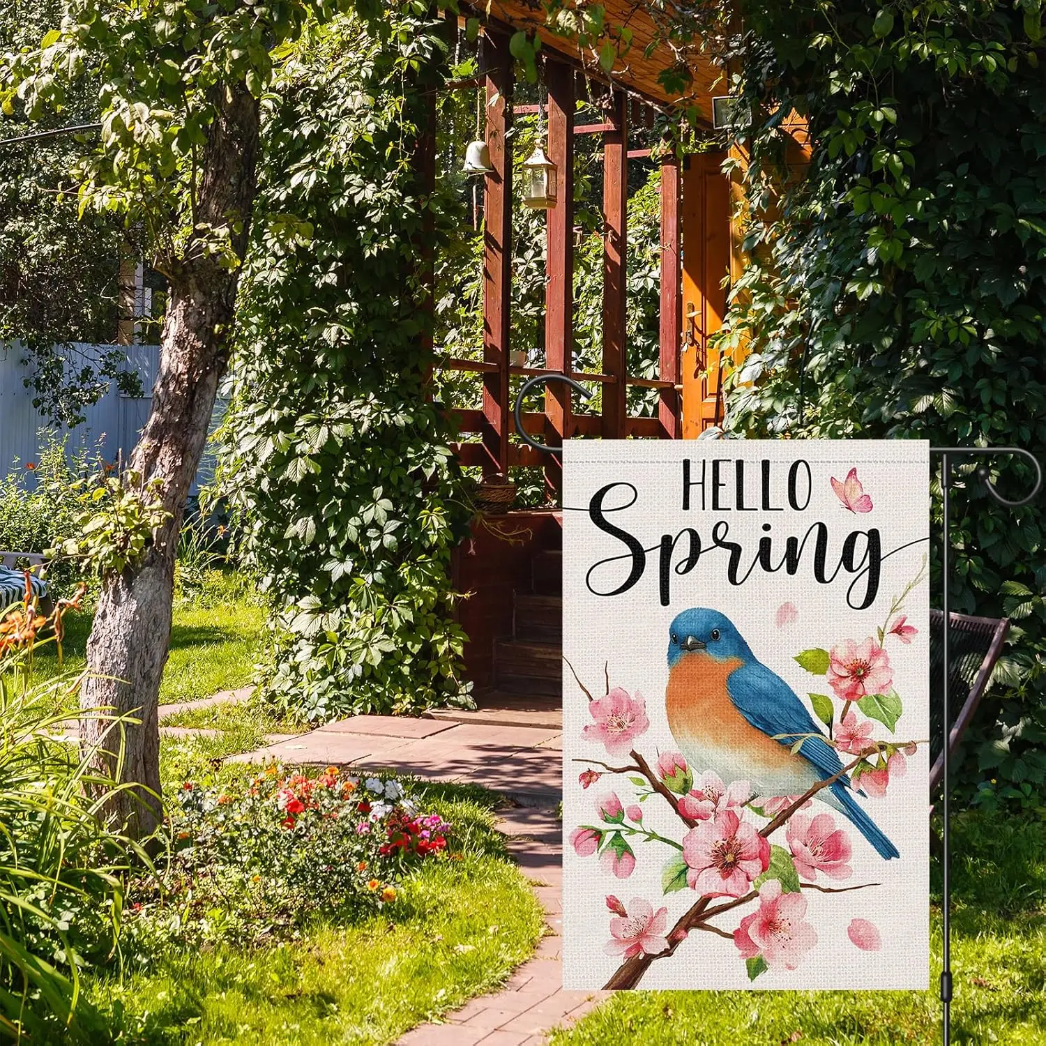 Hello Spring Garden Flag 12 x 18 Inch Double Sided for Outside, Bluebird Flower Small Burlap Yard Flag Outdoor Spring decora PPM