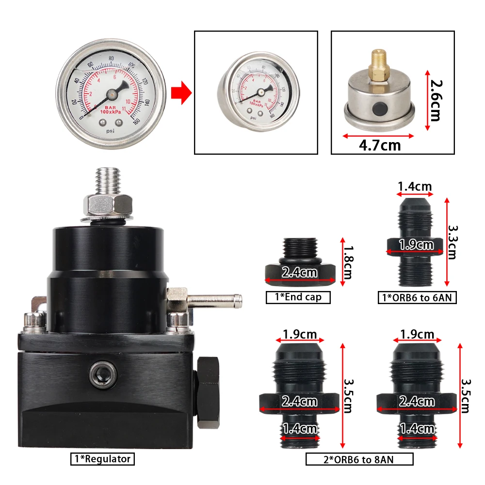 Adjustable Fuel Pressure Regulator with White Oil Gauge With AN8/10 Feed Fitting & AN6 Return Line Fitting & AN8/10 End Cap