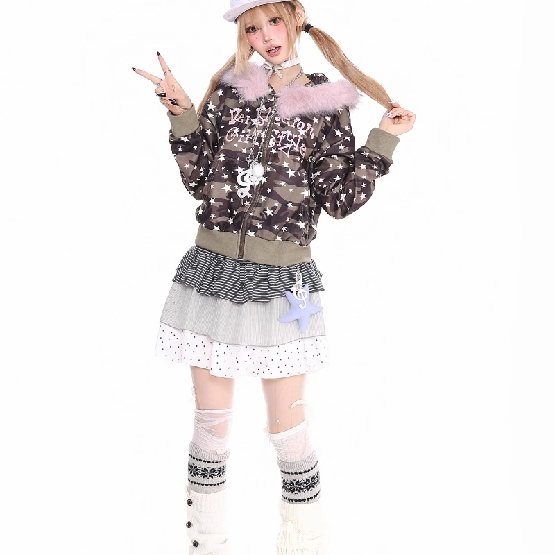 Original Design Retro Camouflage Pattern Fur Collar Women's Sweatshirt Jacket Spring Autumn New Loose Hooded Zipper Coat Ladies