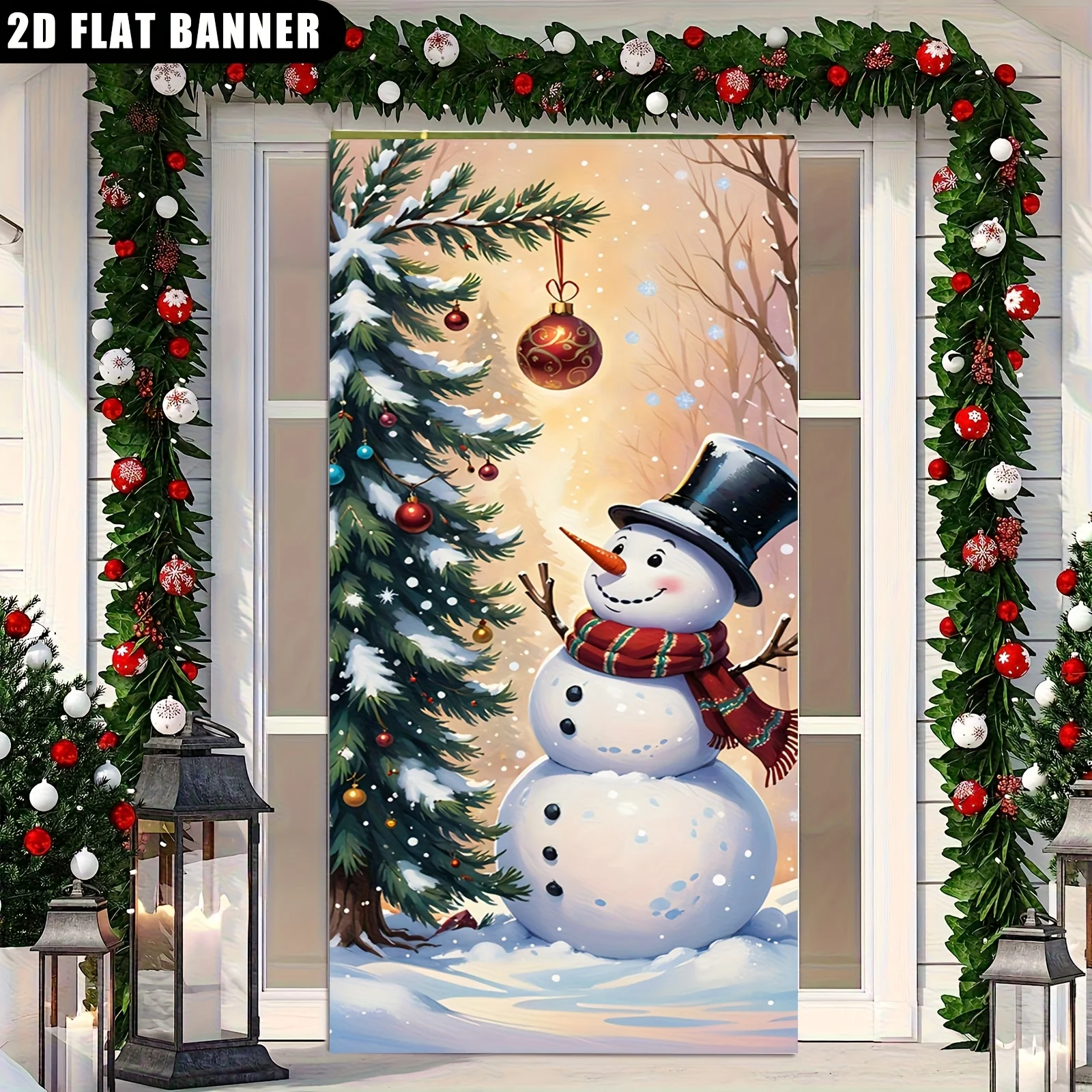 2D-Flachbanner, 1, Weihnachtsmütze, Schneemann-Vorhang, goldene und rote Glocken-Girlandendekoration – perfekt für die Weihnachtsdekoration