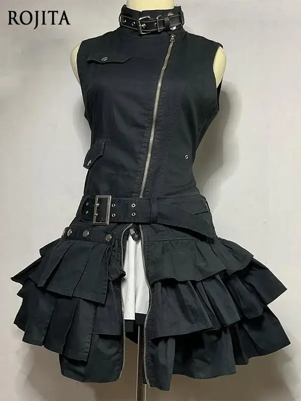 Vestido negro adelgazante de estilo gótico para mujer, novedad de verano 2025, Vestido corto sin mangas de gama alta con cuello levantado Vintage
