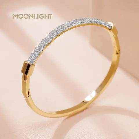 MOONLIGHT 여성을위한 패션 큐빅 지르코니아 커프 팔찌 유행 티타늄 스틸 원형 클래식 팔찌 여성 쥬얼리 선물