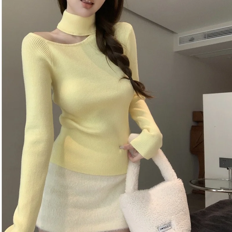 

Облегающий корейский вязаный свитер с оulder Bared Base Layer irt для женщин, осень-зима, Новое поступление, однотонный длинный све