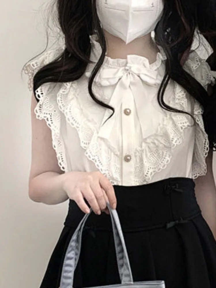 Kawaii Girl Sweet Lolita Flying Sleeve Shirt Y2k Aesthetic Lace Patchwork Blouse Women Japanese Tops Female Elegant JK Bow Blusa