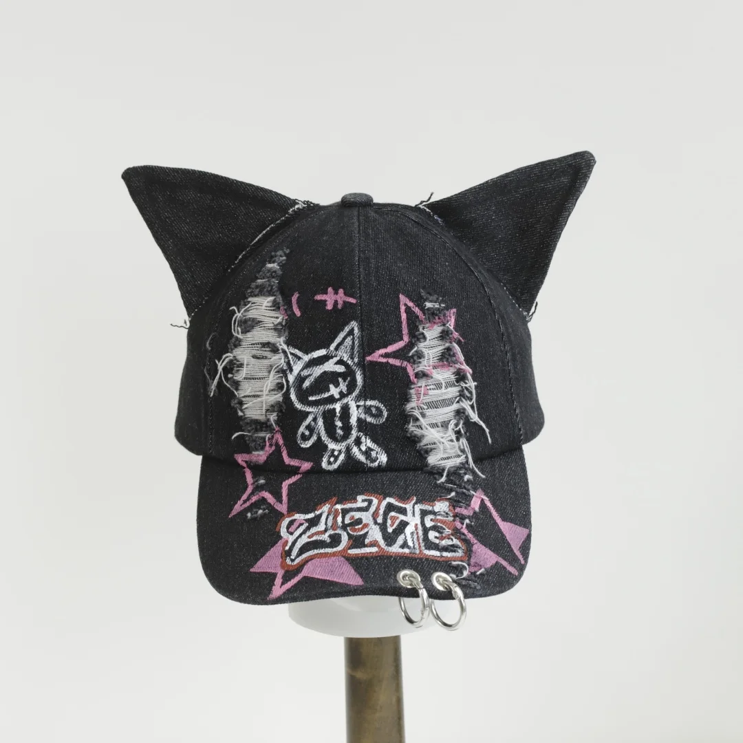 2026 NEW y2k Hot Girl Graffiti Jeans cat Ears Cowboy Baseball Hat Wash Graffiti Hip Hop Cap Women Men Party Team Baseball Cap view 5