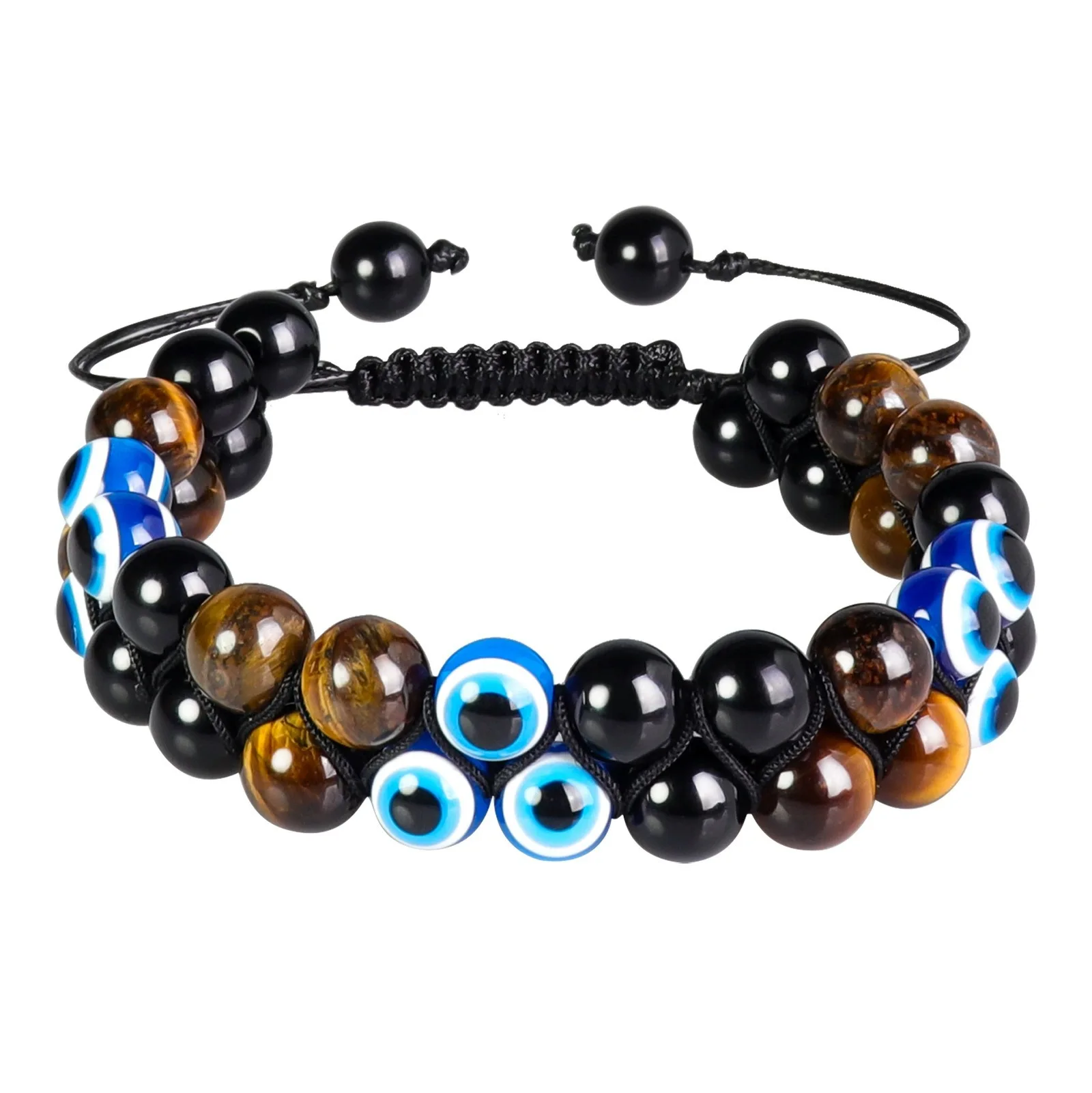 Evil Eye Design Tiger Eye Stone Bracelet Obsidian Black Agate Magnet Double Layer Weaving Double Row Devil Eye Bracelet