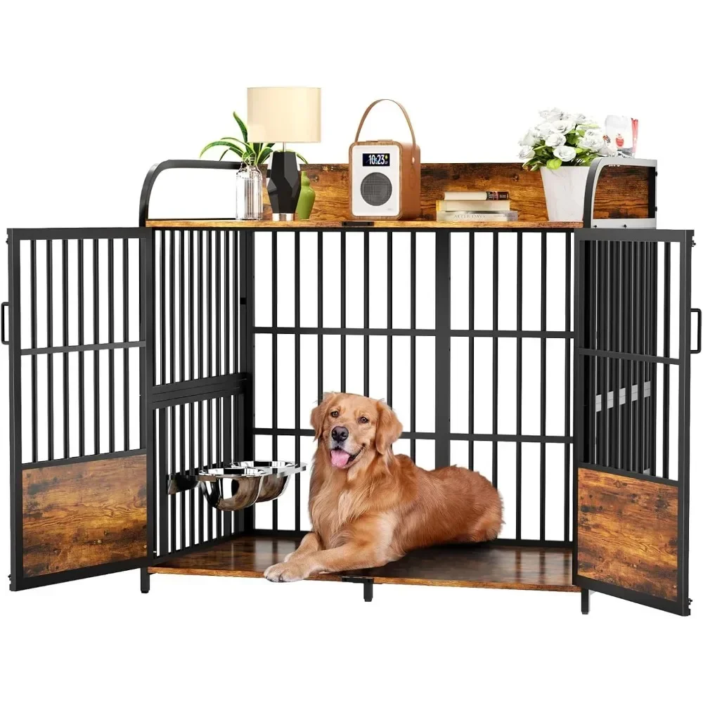 Large Dogs Crate, Dog Kennel Furniture with 2 Stainless Steel Dog Bowls Adjustable Height & 360° Rotating, 48 Inch Dogs Crate