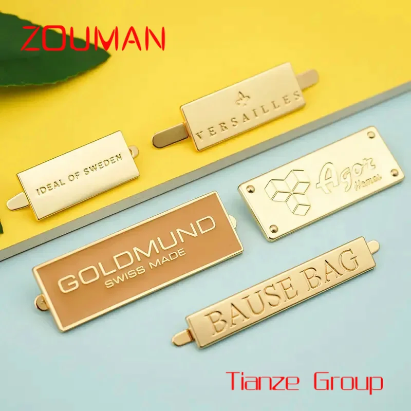 Zinc Alloy Logo Custom Emblemas e Emblemas Pin, Handbag Name Plate, Metal Badge