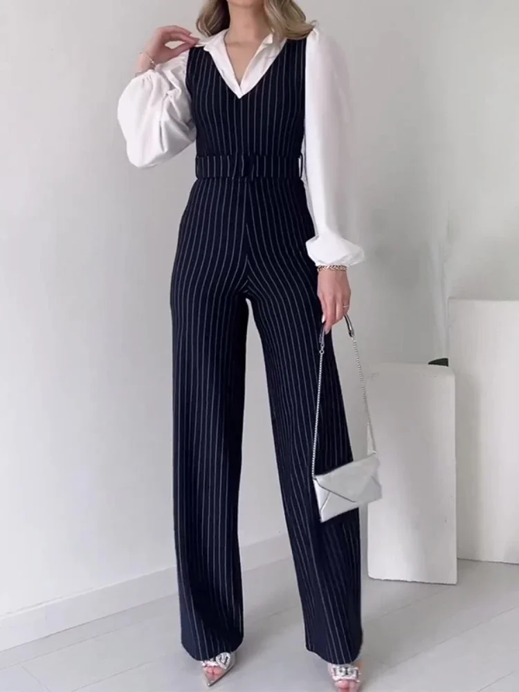 Spring Summer Long Sleeve Turn-down Collar Rompers Fashion Party Jumpsuits Woman Elegant Splice Stripe Loose Play Suits Trousers