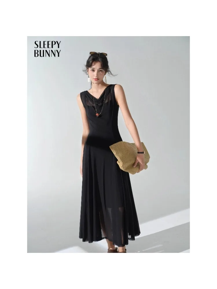 

Elegant Draped Cowl Neck Dress Long Sleeve Mesh Overlay Slim Fit Maxi Dress Women Autumn Vintage Party Outfit Flowing Hemline