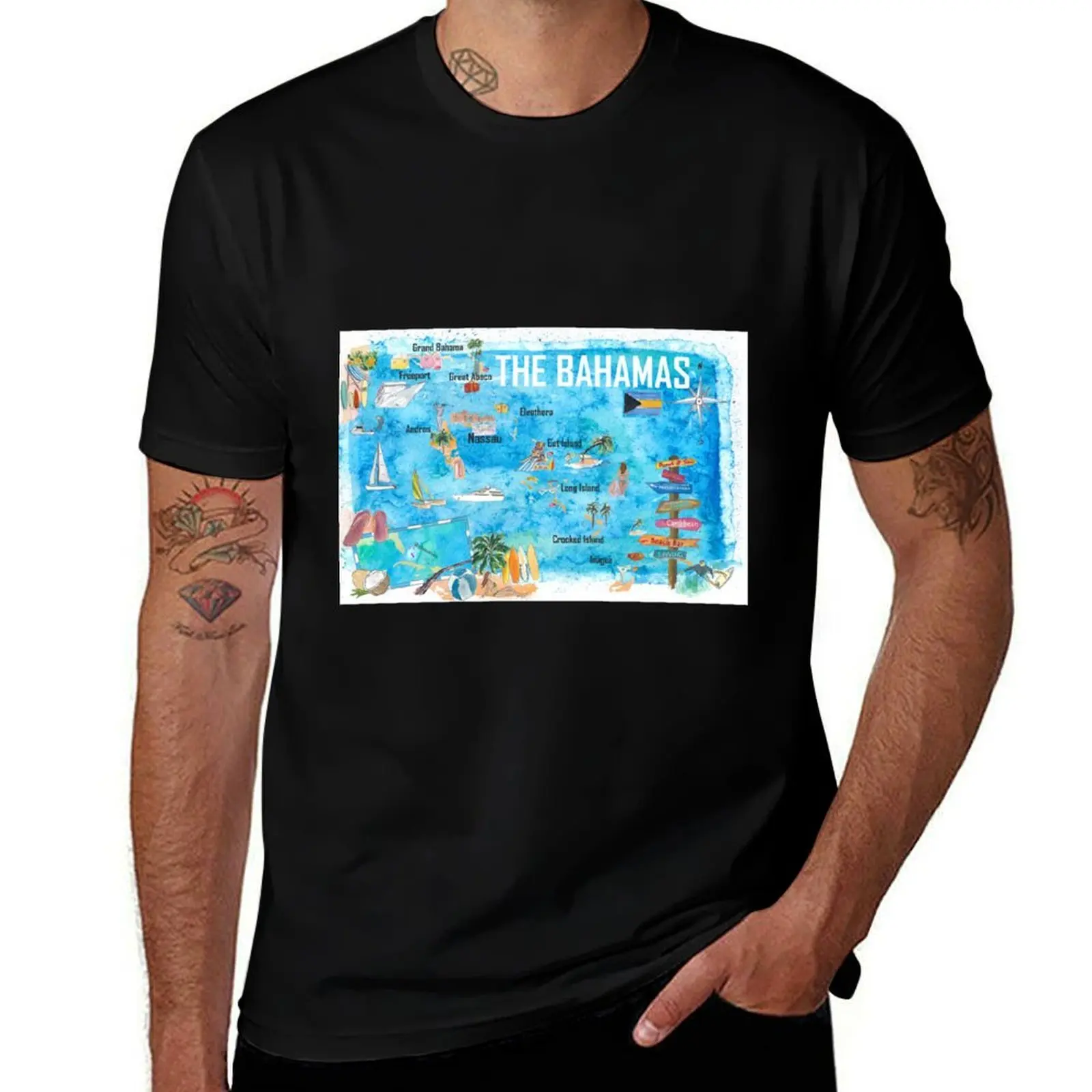 

The Bahamas Illustrated Map with Main Roads Landmarks and Highlights T-Shirt vintage graphic tee Clothing clothes for men