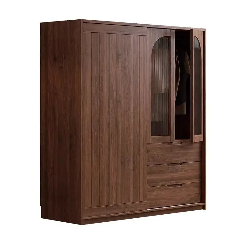 

All solid wood wardrobe household bedroom small apartment modern antique oak sliding door wardrobe storage locker