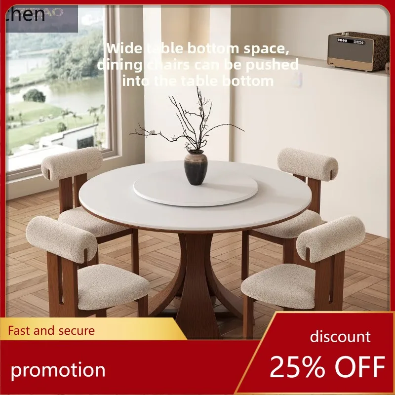 

HXL Vintage Style Solid Wood Rock Slab Dining Table Round Simple Dining Table