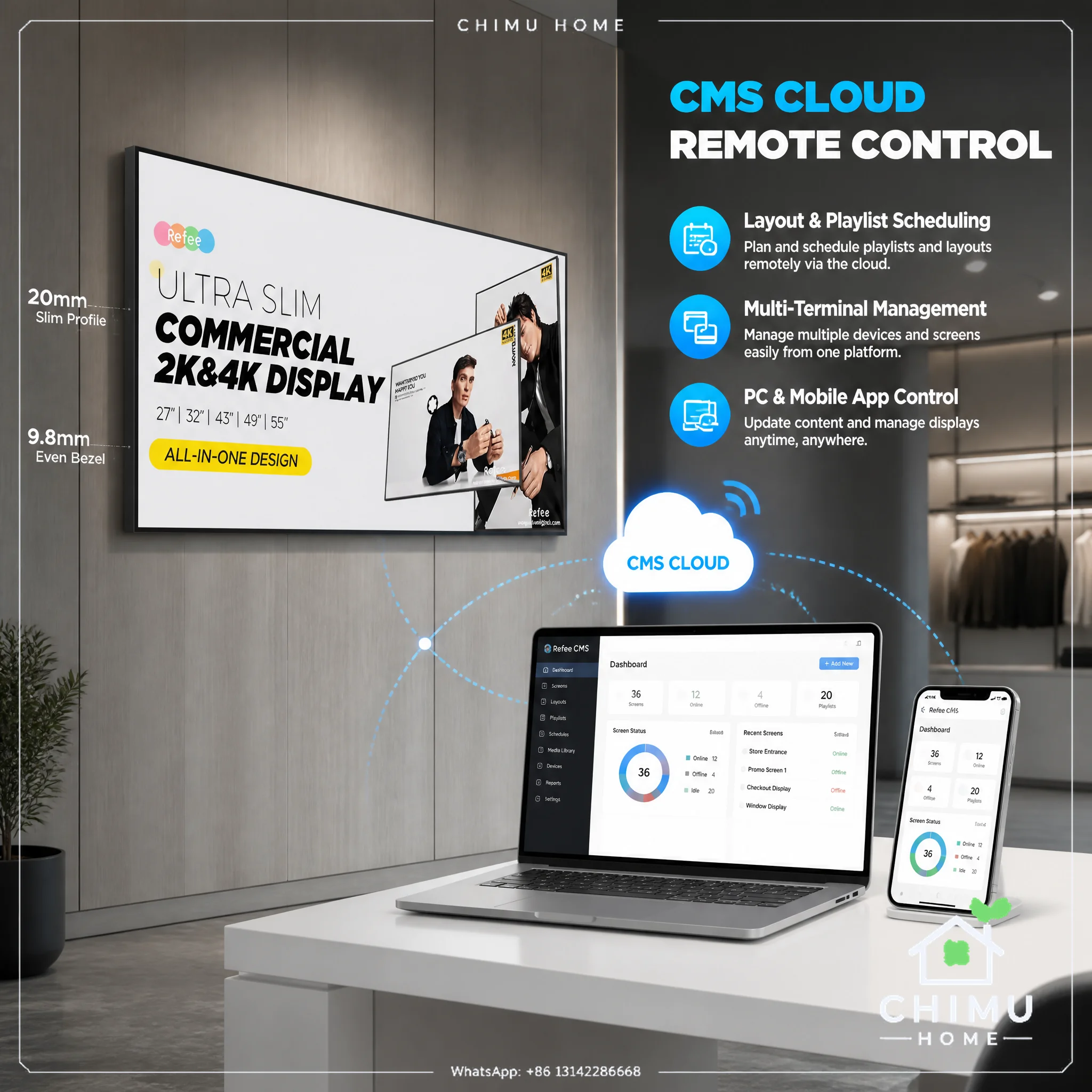 【CHIMU HOME】Ultra Slim Digital Signage 32-65 Inch 4K Android Commercial Display, 2G+32G / 1G+16G, CMS Cloud, 24/7 Wall Mount