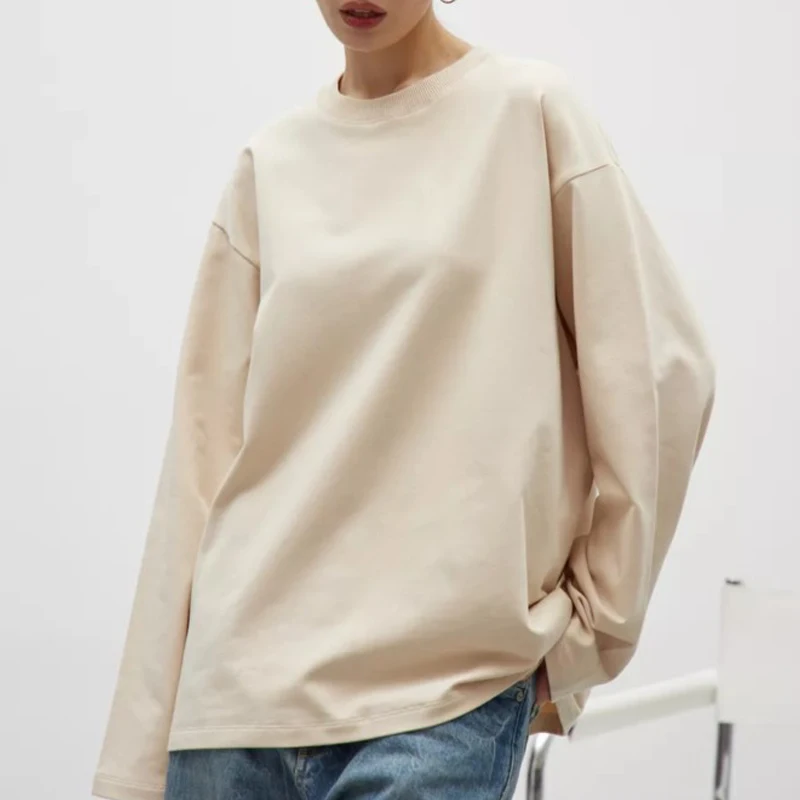 FADDISH 2024 Autumn Woman Fashion Loose Round Neck Long Sleeves Cotton T-Shirt Female Casual Solid Tees Top