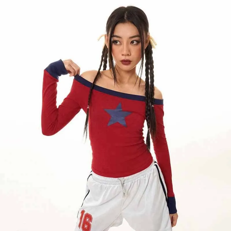 Cseta de Manga Larga dee Q24TP664, Diseño Cruzado con un Solo Hombro, Estampado de s, Sexy, Entallada, Bloques...