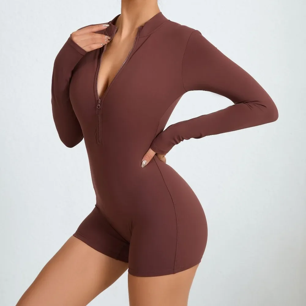 Half-zip Long-sleeved Shorts Jumpsuit Tight Sports Jumpsuit Yoga Suit Removable Chest Pad Fitness Jumpsuit