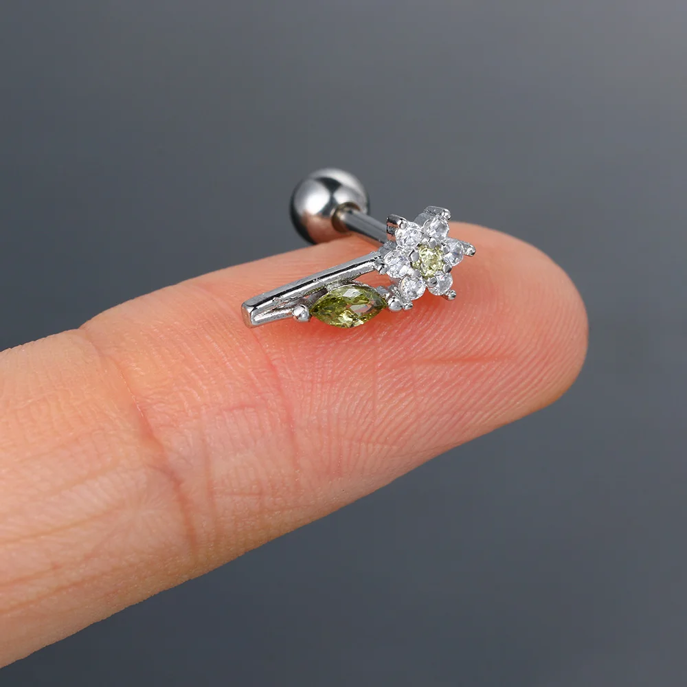 1PC Korean Tragus Piercing Helix Studs Earrings for Women Zircon Flower with Leaf Trendy Ear Tragus Piercing Body Jewelry CC128