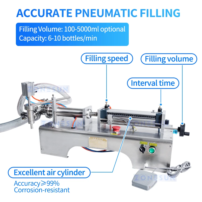 ZONESUN 100-1000mL Pneumatic Piston Liquid Filler Shampoo Water Wine Milk Juice Vinegar Oil Detergent Soap Filling Machine