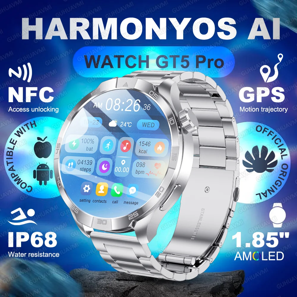 

Смарт-часы GT 5 Pro 1,85 дюйма Ultra HD AMOLED, NFC, GPS-трекер, компас, BT, альтиметр вызова, IP68, высококачественные деловые умные часы для мужчин