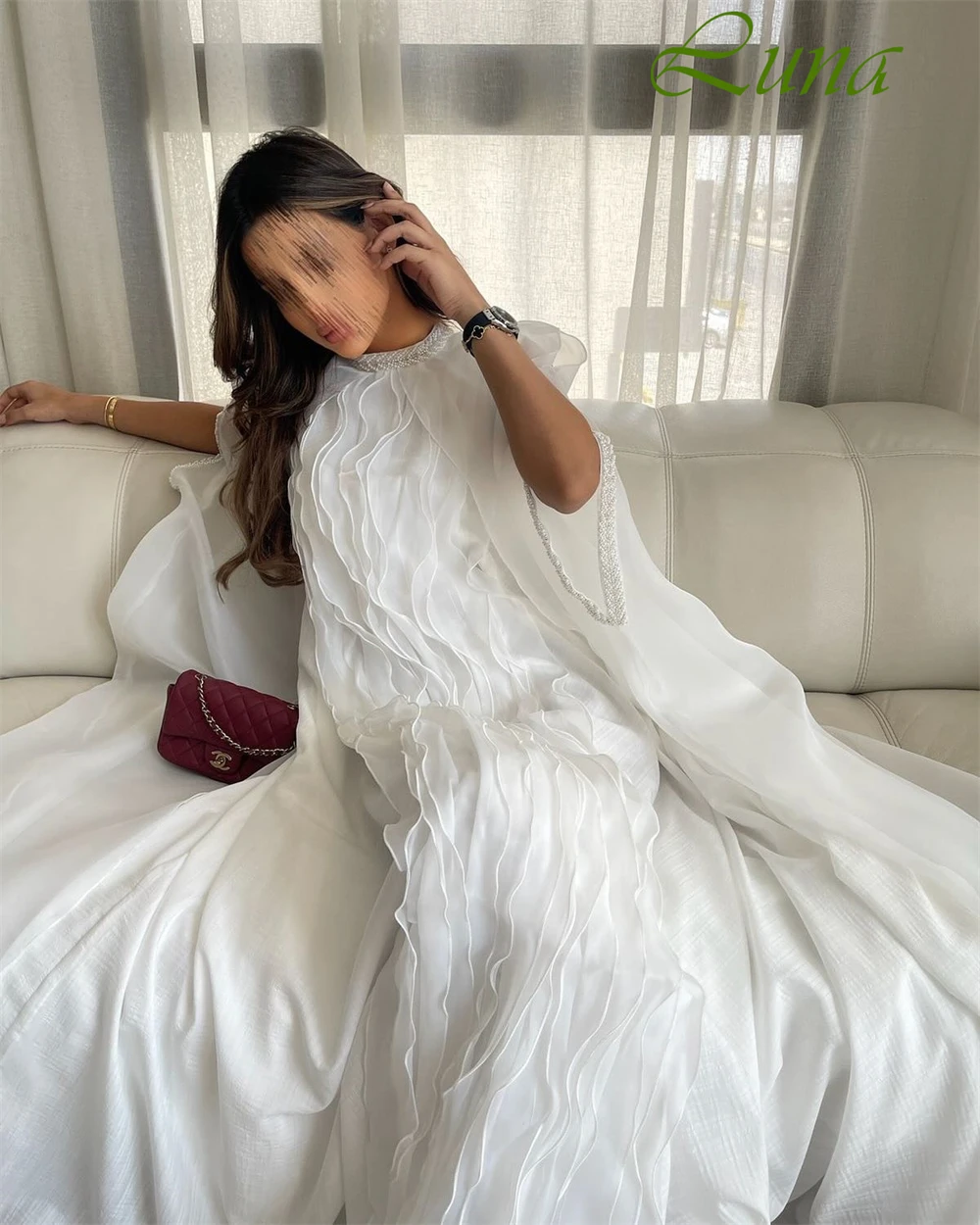 Robe de soirée classique personnalisée, col rond, demi-manches, en mousseline douce, froncée, robes de bal, tempérament, robes de mariée blanches