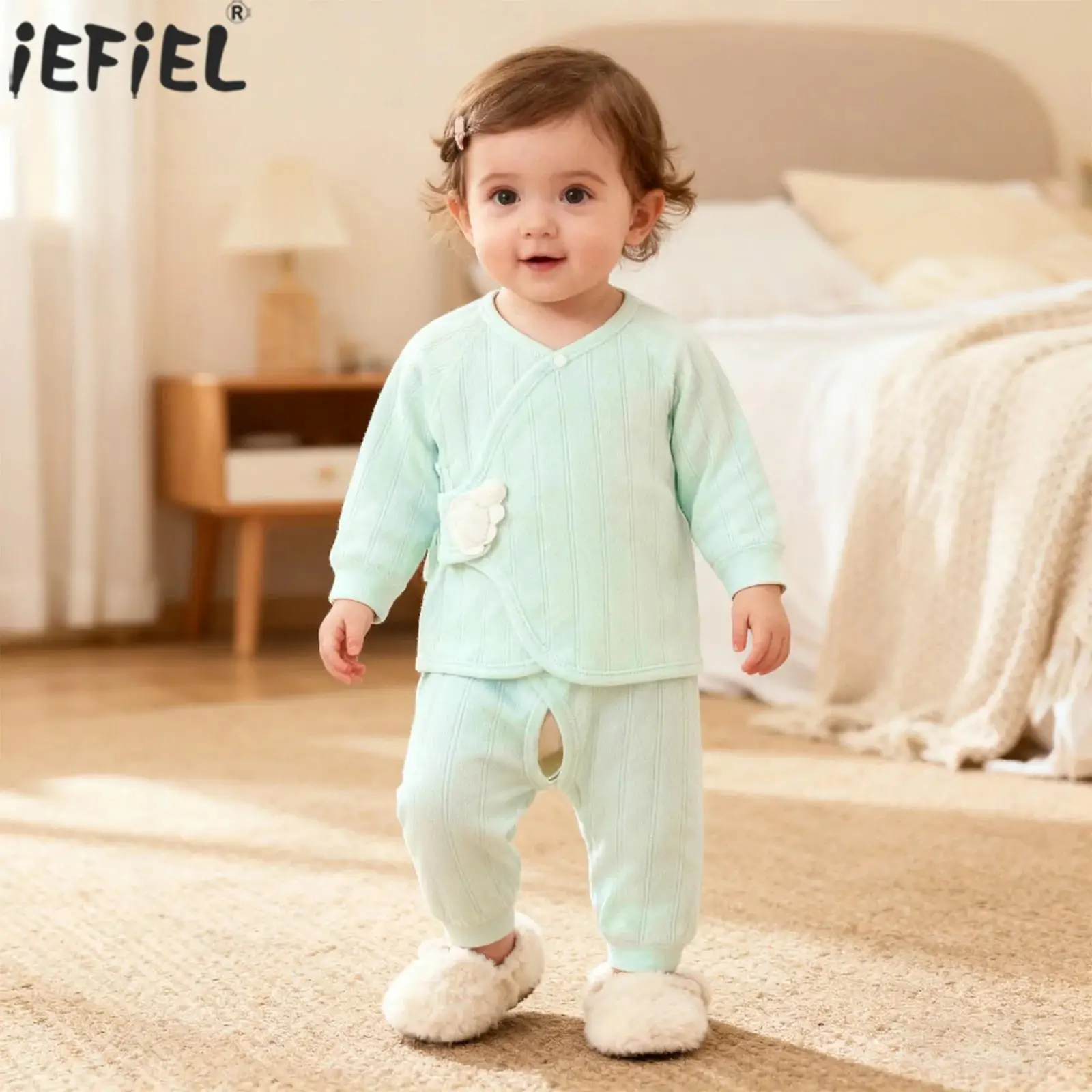 

Одежда из двух предметов для новорожденных мальчиков и девочек, топ с косой застежкой на крючках спереди и брюки с вырезом в промежности