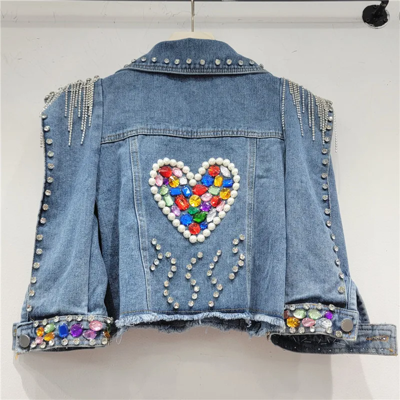 Heavy Work Diamonds Denim Jackets Women Korean Slim Short Cowboy Outerwear Big Pocket Three Quarter Sleeve Jeans Jacket Female