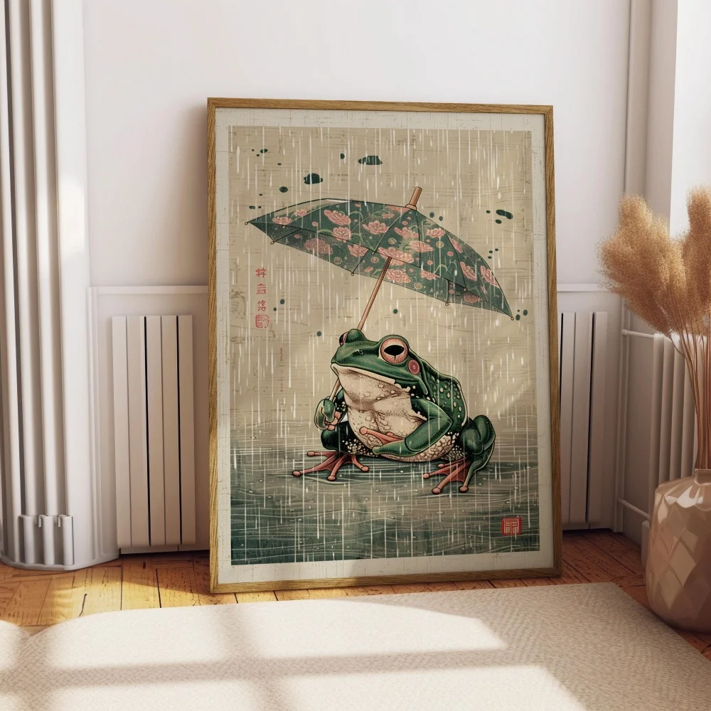 Frog Wall Art Print, Japanese Frog Canvas Printing Poster, Umbrella Frog Art Vintage Animal Illustration, Whimsical Nature Decor