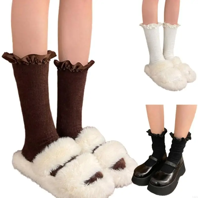 Y88A – chaussettes chaudes en fourrure pour mollet, garniture à volants soyeux, peluche pelucheuse, bracelet cheville,