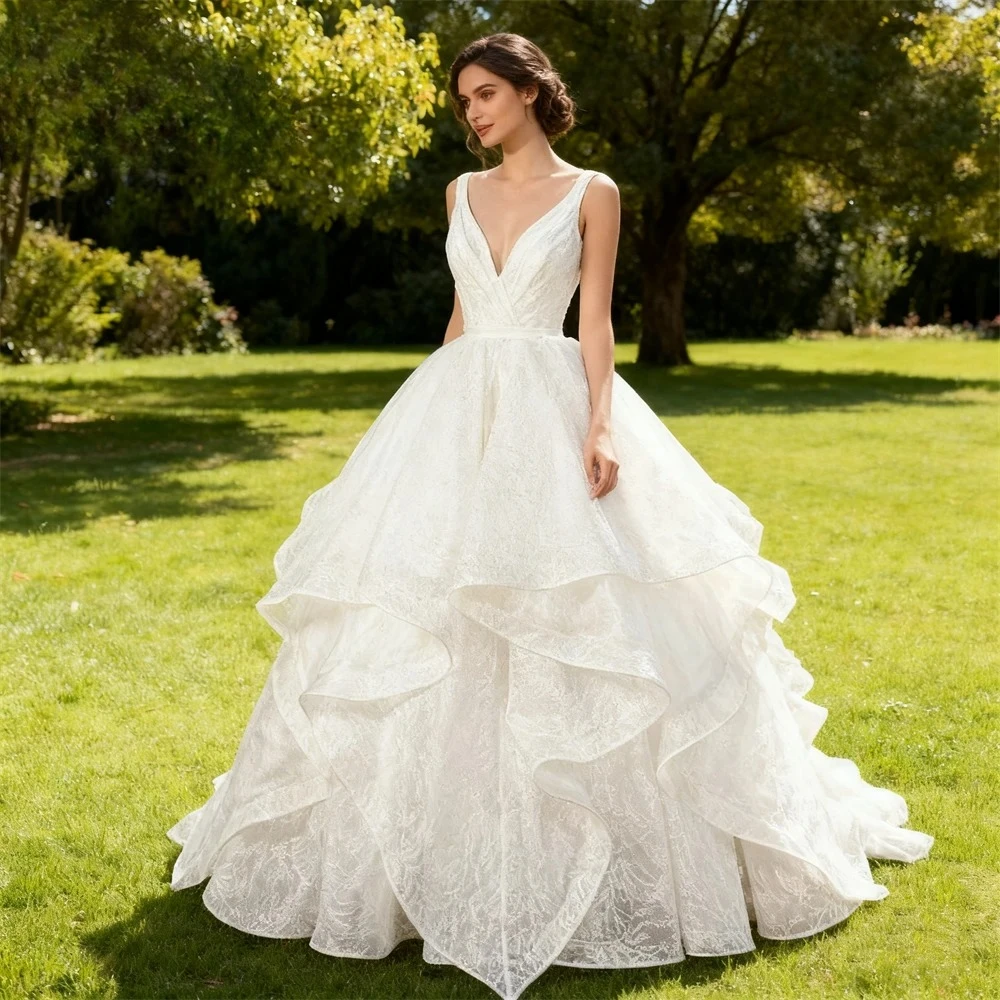 Princess Tiered Lace Wedding Dress for Women V Neck Ball Gown Bride Dresses Customized Size Plus Women Bridal Gown