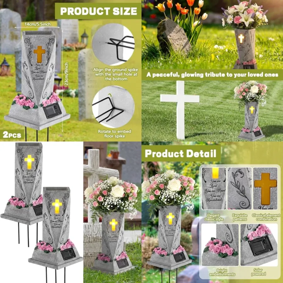 

2 Pcs Solar Cemetery Grave Vase with LED for Fresh Artificial Flowers Headstones Vases with Spikes Grave Decorations for Cemete